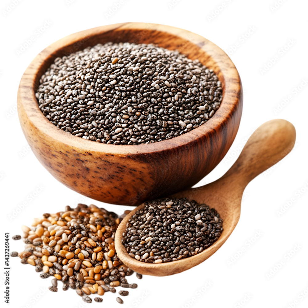 Chia Seeds in Wooden Bowl and Spoon Healthy Eating Superfood Chia Seeds in Wooden Bowl and Spoon Healthy Eating Superfood