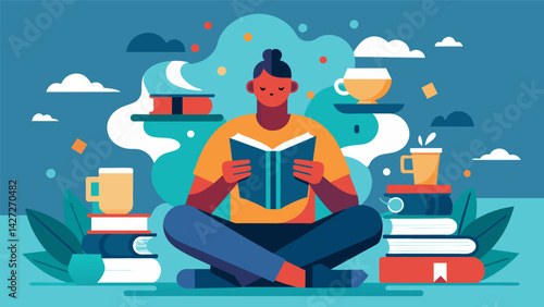 A tranquil book reader engrossed in a chaotic coffee shop.. Vector illustration