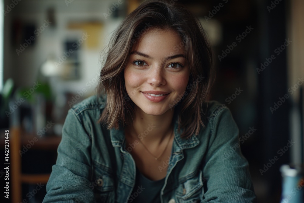 Smiling young woman with medium brown hair in a casual green jacket, radiating warmth and joy indoors. Smiling young woman with medium brown hair in a casual green jacket, radiating warmth and joy indoors.
