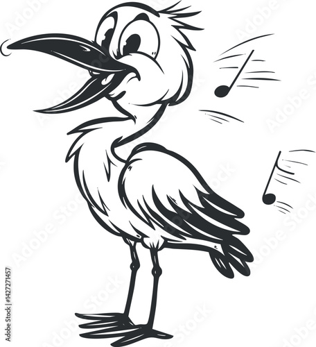A whimsical cartoon bird singing joyfully with musical notes around it in black and white.
