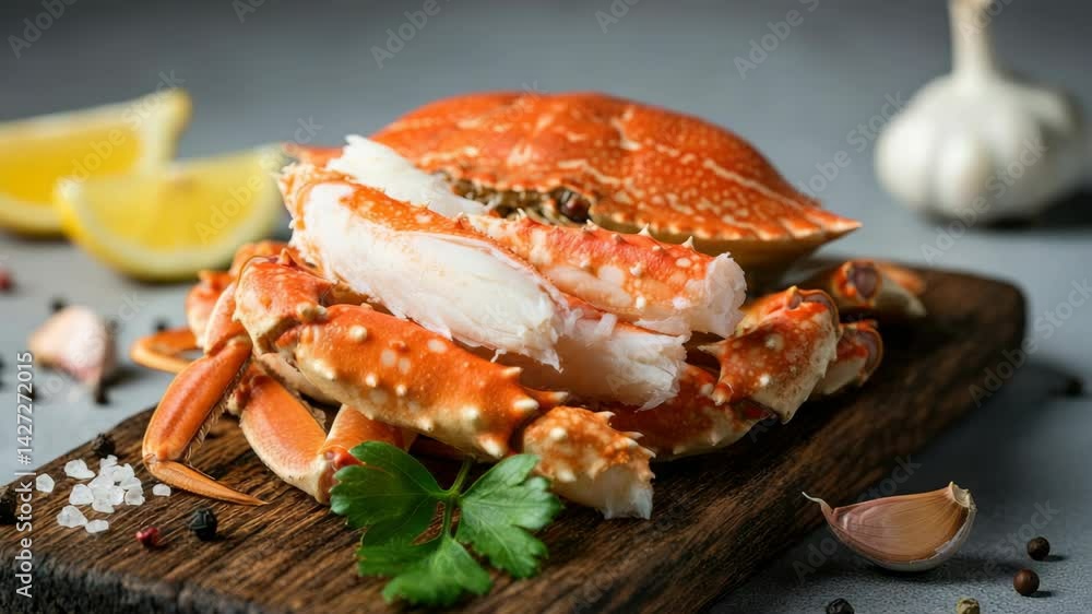Fresh cooked crab legs on wooden board with herbs and spices Fresh cooked crab legs on wooden board with herbs and spices