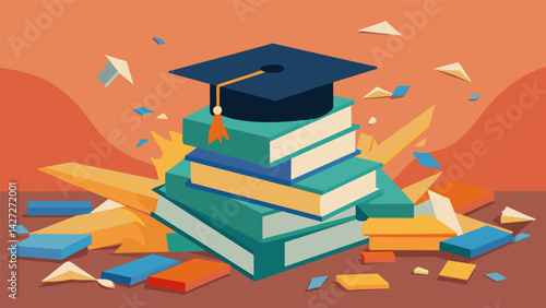 A graduation cap set against a backdrop of crumbling textbooks signifying the education systems burden on students finances.. Vector illustration
