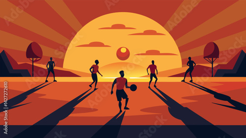 As the sun sets over the horizon the teams continue to fiercely compete their shadows elongated on the court.. Vector illustration