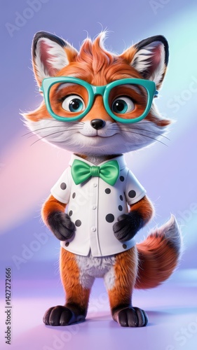 Cute anthropomorphic fox wearing glasses, polka dot shirt, and green bow tie on a colorful gradient background