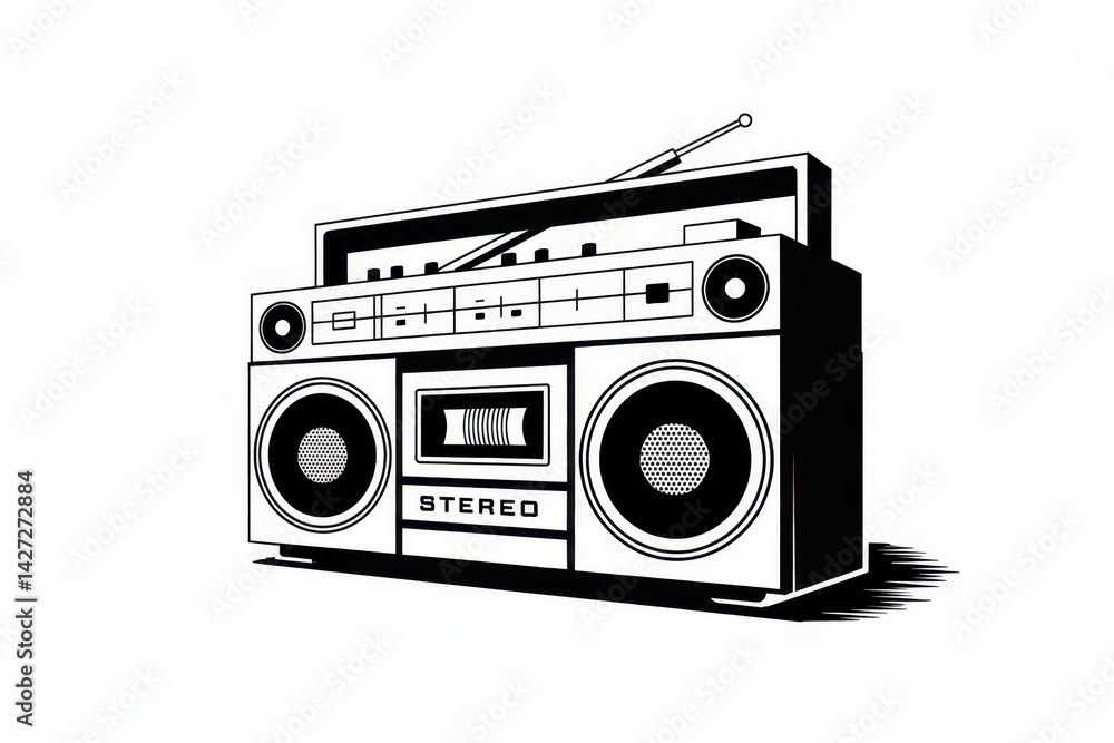 Obraz premium Retro black and white illustration of a vintage boombox stereo with cassette player and antenna on a white background