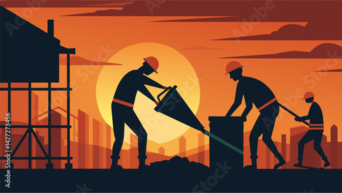 Silhouetted against the sunset construction workers pour molten concrete into a maze of inter reinforcing bars.. Vector illustration