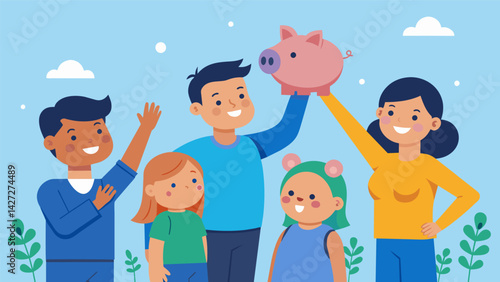 A family member holding up a piggy bank and encouraging the little ones to start saving for their future.. Vector illustration