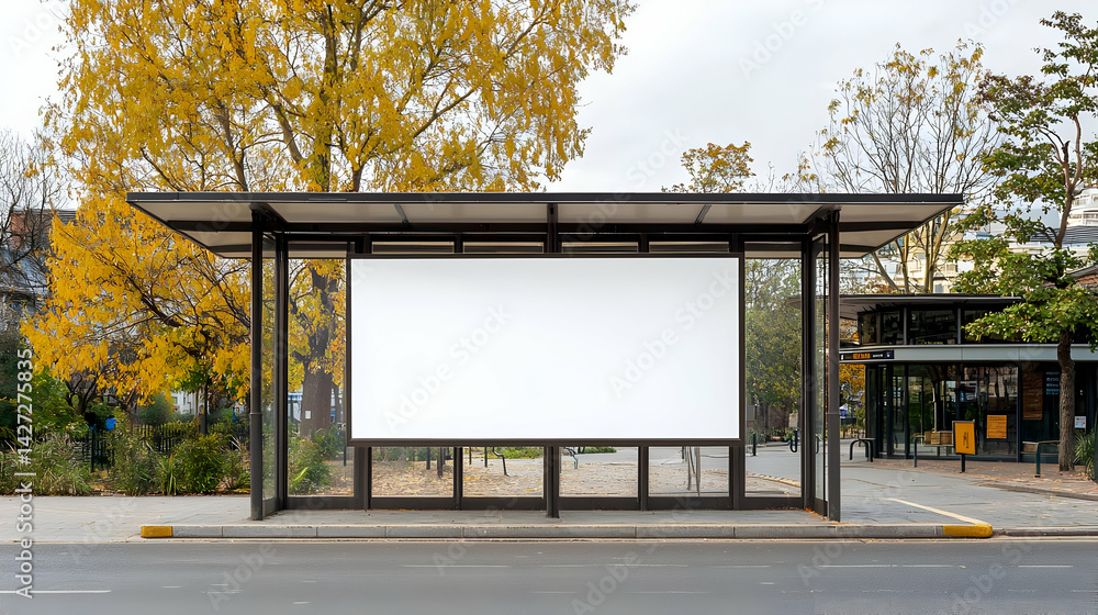 Blank Billboard at City Bus Stop with Autumnal Trees Blank Billboard at City Bus Stop with Autumnal Trees