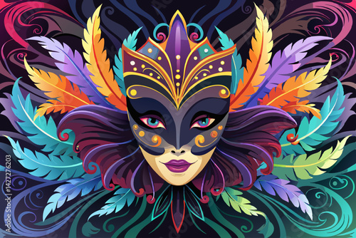 vector of A beautiful black Venetian mask with feathers swirls vibrantly on the mirror surface