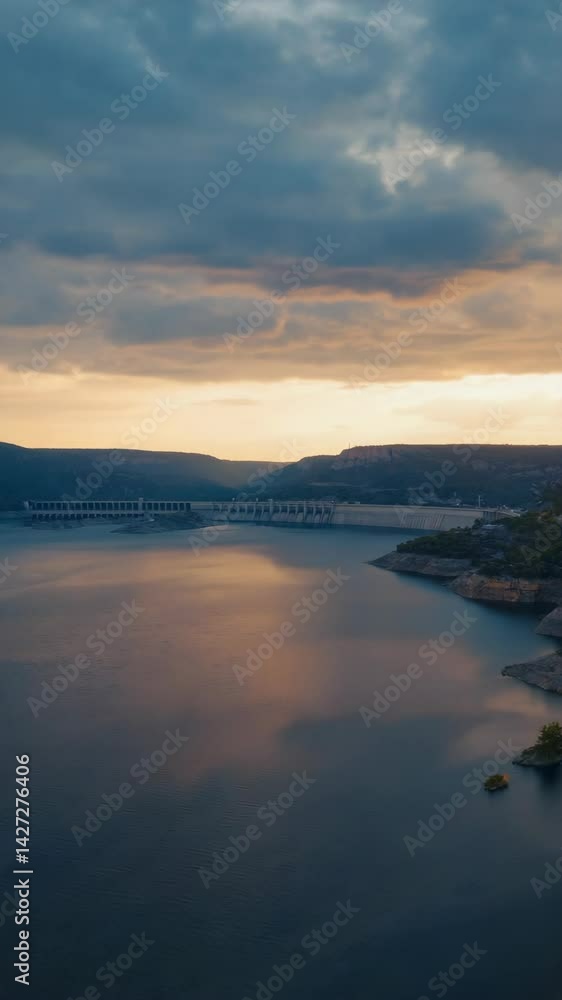 Scenic view of a water reservoir with a concrete dam, surrounded by hills during sunset or sunrise with a cloudy sky above reflecting on the water Scenic view of a water reservoir with a concrete dam, surrounded by hills during sunset or sunrise with a cloudy sky above reflecting on the water