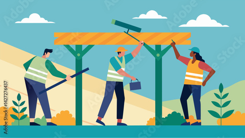 Construction workers carefully hammering in support beams for a pergola on the rooftop which will provide a shady spot for visitors to relax and. Vector illustration