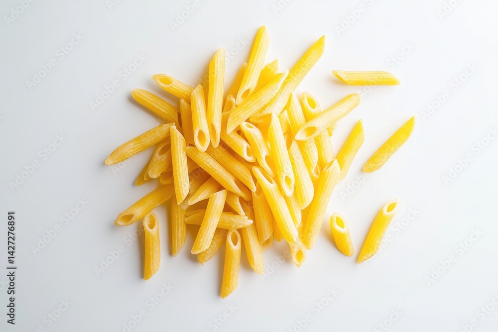 Obraz premium A pile of uncooked penne pasta on a clean white background.
