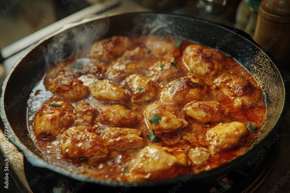 Delicious chicken simmering in a rich, spicy sauce, topped with fresh herbs, served in a cast iron skillet. Delicious chicken simmering in a rich, spicy sauce, topped with fresh herbs, served in a cast iron skillet.