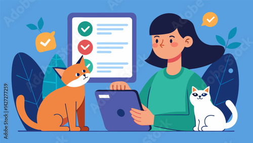 A concerned cat owner scrolling through their pets digital identity chip records on a tablet checking for any updates or changes in vaccination. Vector illustration