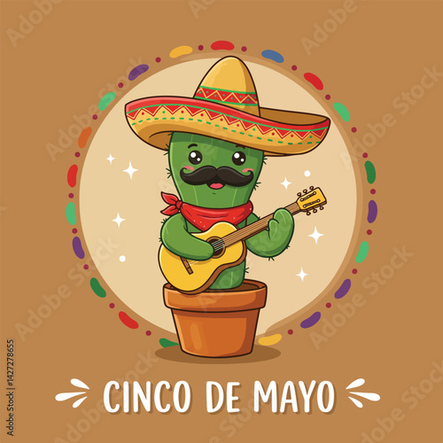 Celebrate Cinco de Mayo with this vibrant illustration! Featuring cheerful cactus, festive typography, and colorful decorations, this image is perfect for your holiday-themed designs