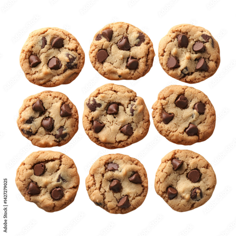 Nine delicious chocolate chip cookies arranged in a grid sweet treat bakery background Nine delicious chocolate chip cookies arranged in a grid sweet treat bakery background
