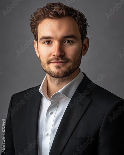 A confident young Caucasian man in a suit, showcasing a professional demeanor against a gray background.