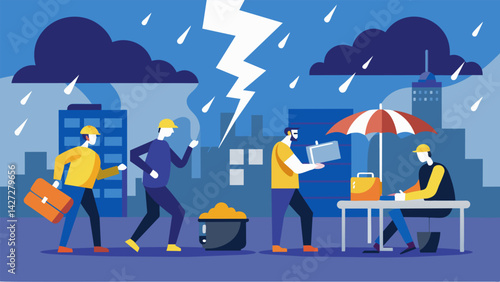 Thunder and lightning storm interrupts work progress forcing workers to take shelter and cease outdoor activities until the weather passes.. Vector illustration