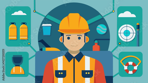 Inside the cabin the operator is surrounded by various safety gear including a hardhat harness and personal protective equipment.. Vector illustration