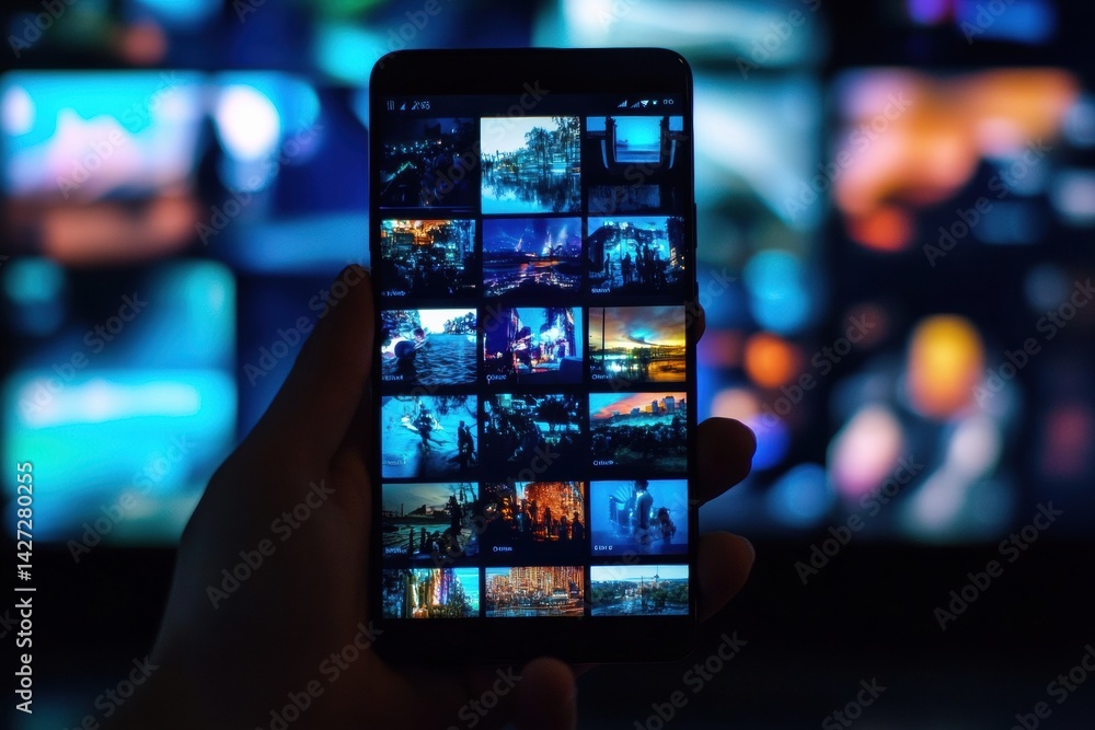 A Smartphone Shows Diverse Multimedia Content, While Various Colorful Displays Illuminate the Surroundings, Creating a Lively Atmosphere at Night A Smartphone Shows Diverse Multimedia Content, While Various Colorful Displays Illuminate the Surroundings, Creating a Lively Atmosphere at Night