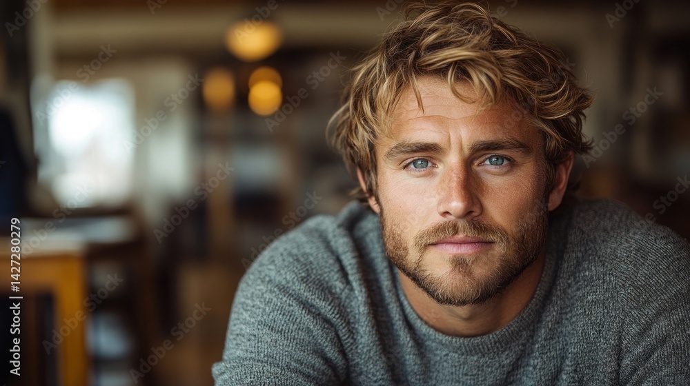 Obraz premium Portrait of a Handsome Man with Blonde Hair and Blue Eyes