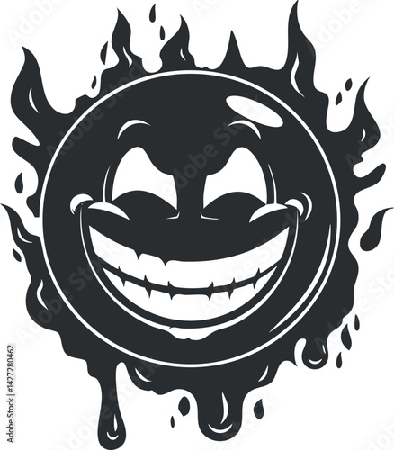 A playful and cheerful cartoon smiley face with a mischievous expression in black and white.