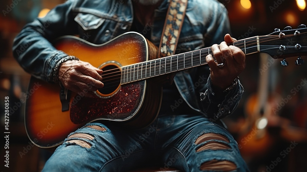 Obraz premium Acoustic Guitarist in a dimly lit setting