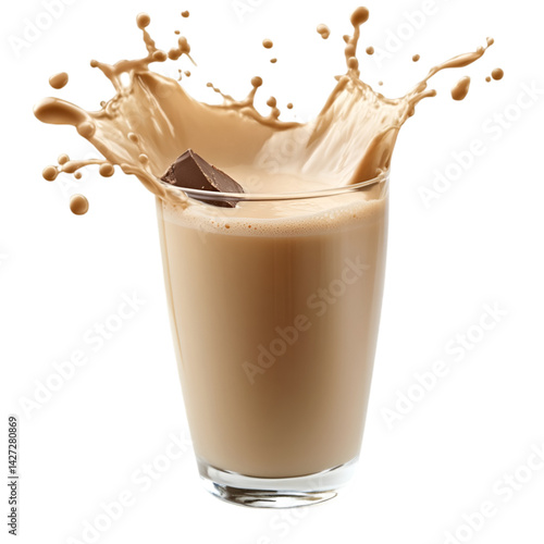 Chocolate milk splash in glass delicious drink refreshment,