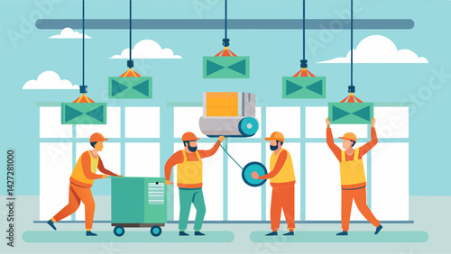 The installation crew using special lifts and pulleys to hoist the large air handlers into place on the ceiling of the building.. Vector illustration