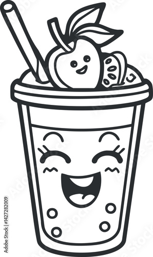 A cheerful cartoon smoothie cup filled with fruit and a happy face, ideal for summer.