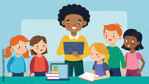 A group of kids eagerly watch as their teacher demonstrates how to use a digital story app eagerly waiting for their turn to create their own.. Vector illustration