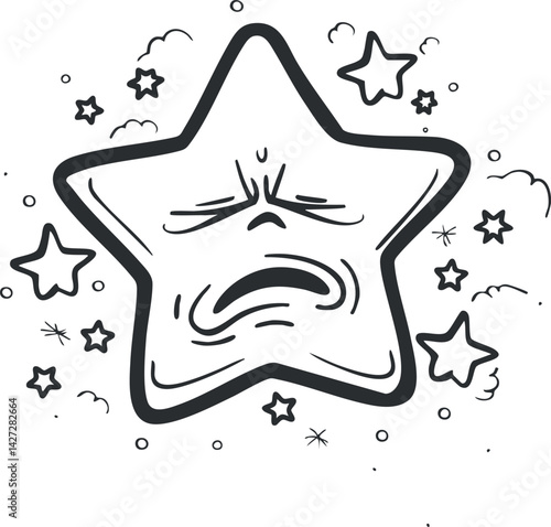 A sad cartoon star character with a frowning face surrounded by small stars and clouds.