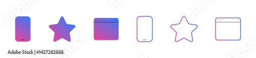 Modern icon set featuring smartphone, star, and browser window symbols. Designed with vibrant gradients for a contemporary, abstract look suitable for app design.