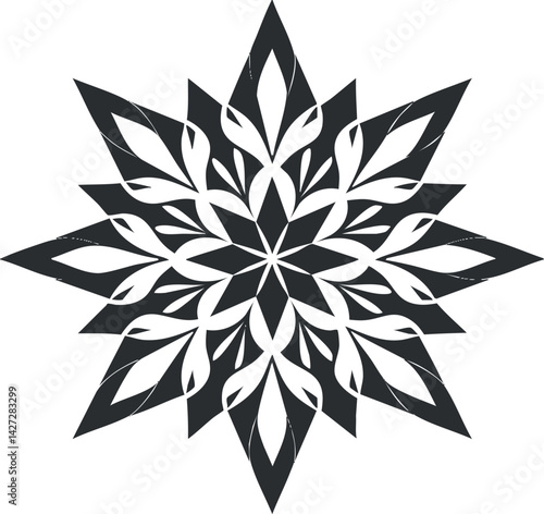 A symmetrical black and white star pattern with floral elements and geometric design.