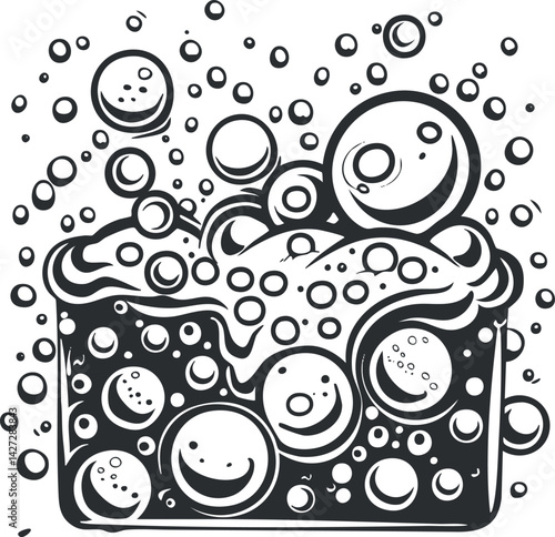 A cartoon-style illustration of a container filled with bubbles and foam for cleaning.