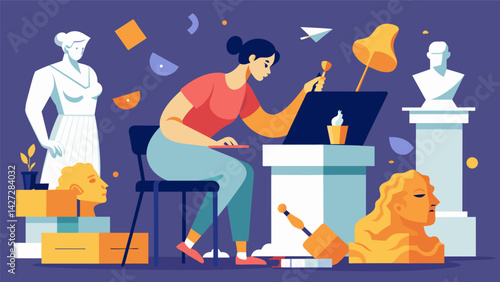 A sculptor working in their studio surrounded by unfinished pieces and overwhelmed by the thought of how much their education cost them.. Vector illustration