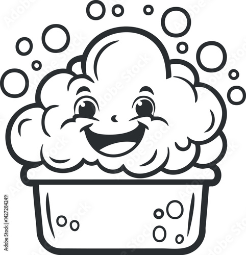 A cheerful cartoon character resembling soap bubbles in a container with a happy face.