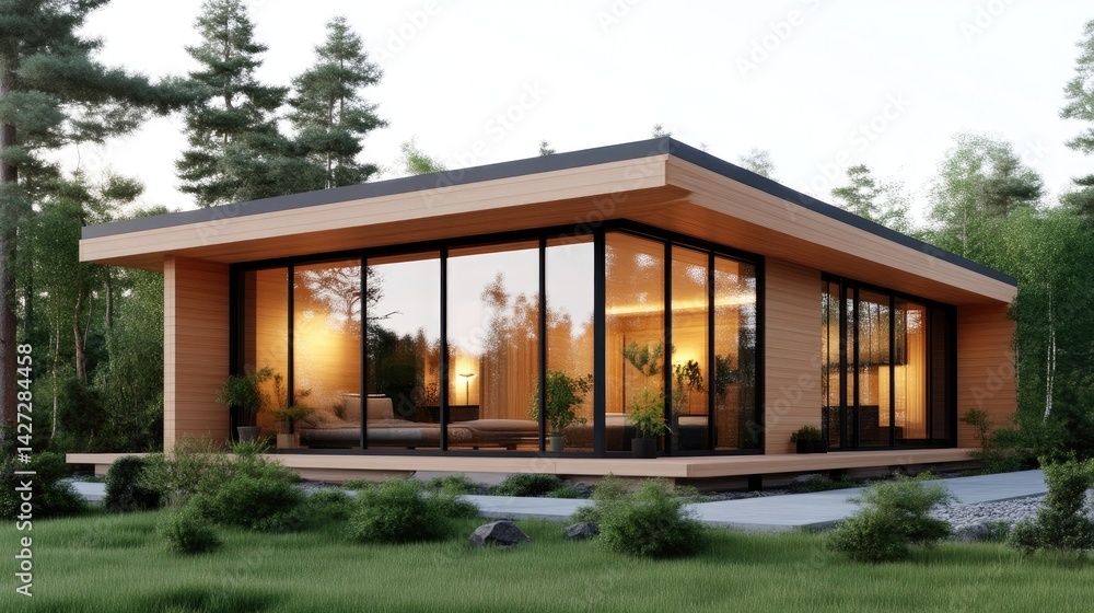 Modern wooden home nestled in a tranquil forest. Spacious living area with large windows. Cozy and aesthetically pleasing design Modern wooden home nestled in a tranquil forest. Spacious living area with large windows. Cozy and aesthetically pleasing design