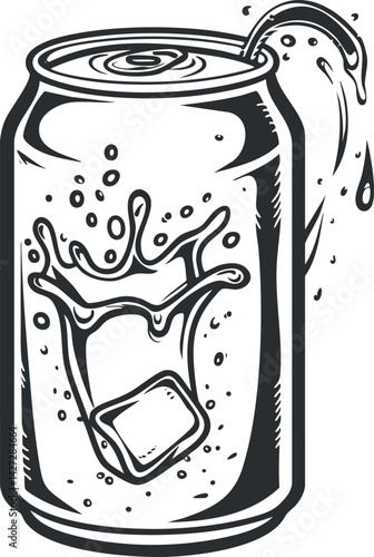 A vibrant illustration of a soda can with ice and liquid splashing out.