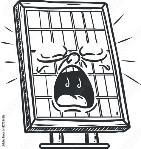 A humorous cartoon illustration of a solar panel with a screaming face expressing frustration.