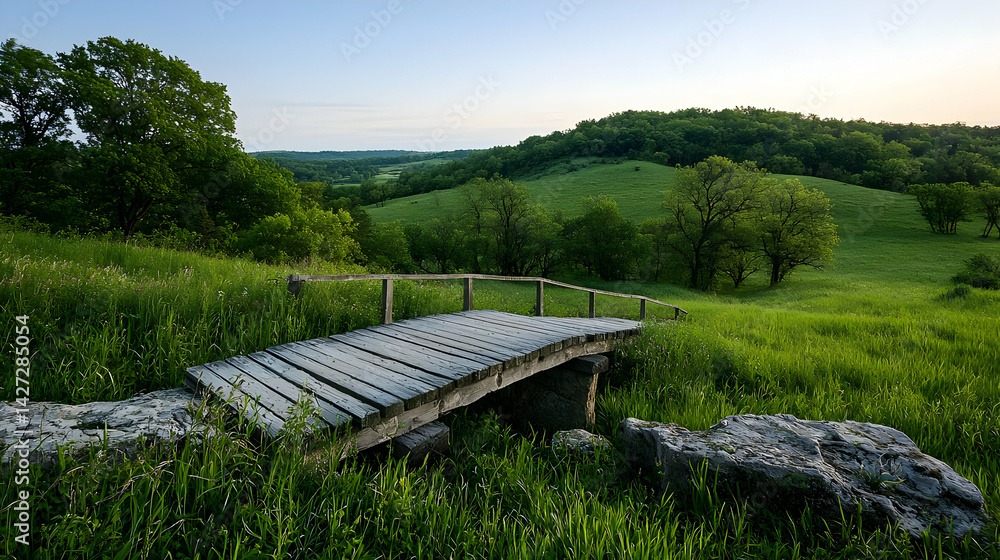 Fototapeta premium Old Bridge Over Green Hills Landscape