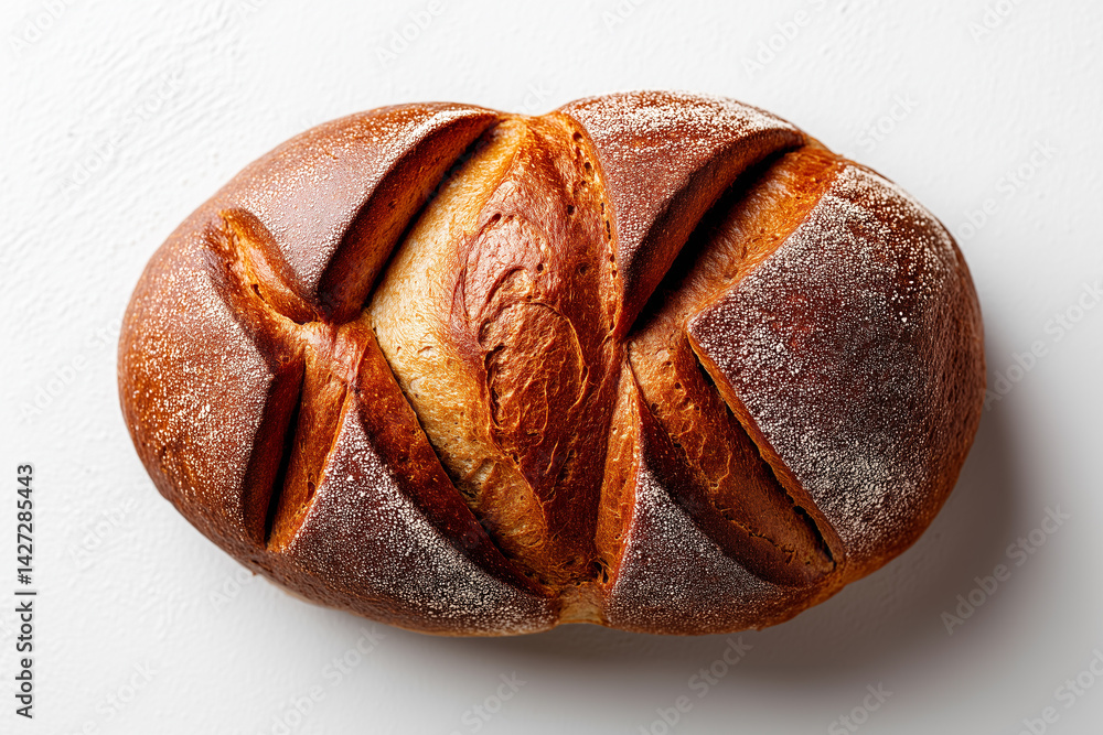 Black bread loaf sits elegantly on clean white surface. Highlighting traditional Eastern European baking style, this minimalist presentation suits culinary arts, food photography, bakery