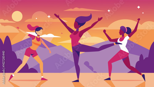 As the sun sets on the city skyline teams of dancers push themselves to the limit in an energetic outdoor aerobic dance competition each group. Vector illustration