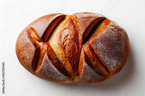 Obraz na płótnie Black bread loaf sits elegantly on clean white surface. Highlighting traditional Eastern European baking style, this minimalist presentation suits culinary arts, food photography, bakery w salonie