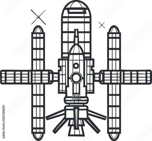Illustration of a futuristic space station with modular design and advanced technology features