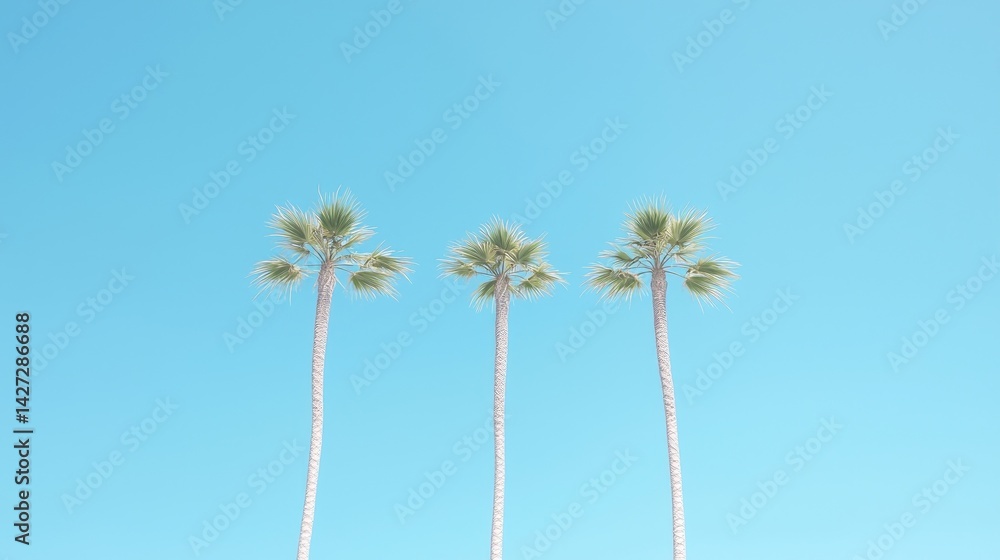 Fototapeta premium Three palm trees against a vibrant blue sky