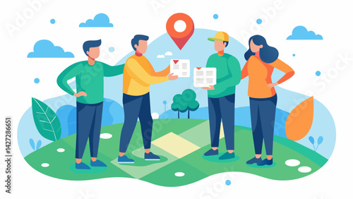 A team strategizing their next move huddled together and pointing at the map of the frisbee golf course.. Vector illustration