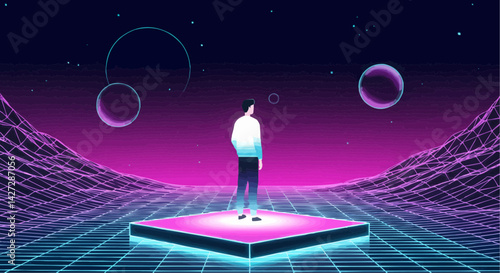 Vector illustration of a person standing confidently in a futuristic landscape  