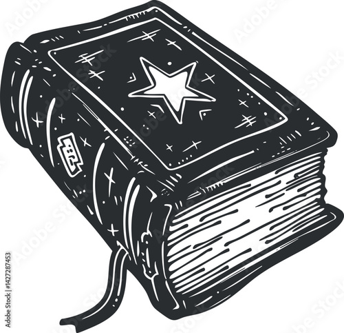 A vintage style illustration of a hardcover book with a star symbol on the cover.