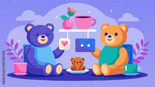 A virtual tea party complete with teddy bears and imaginary treats as two friends sip tea and catch up through their tablets.. Vector illustration